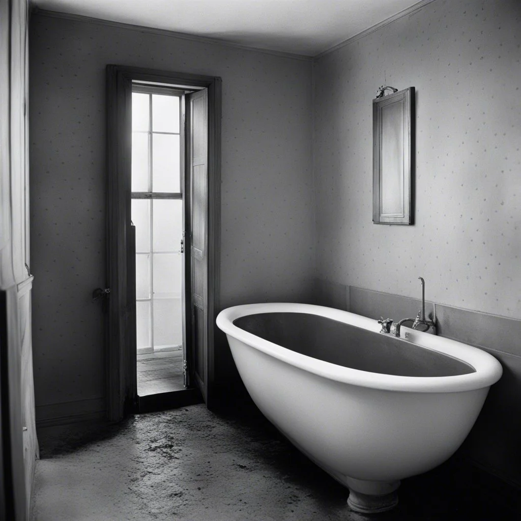 In the surreal realm of vintage photography, a haunting image emerges - Lee Miller, the intrepid war photographer, finds herself standing in Hitler's bathroom. The chilling history of the place weighs heavy on her as she gazes at the empty tub once occupied by the tyrant himself. The stark reality of the room, once a sanctuary for evil, now a haunting relic of the past, surrounds her.. The eerie atmosphere is intensified by overcast lighting and stained surroundings. The shallow depth of field a