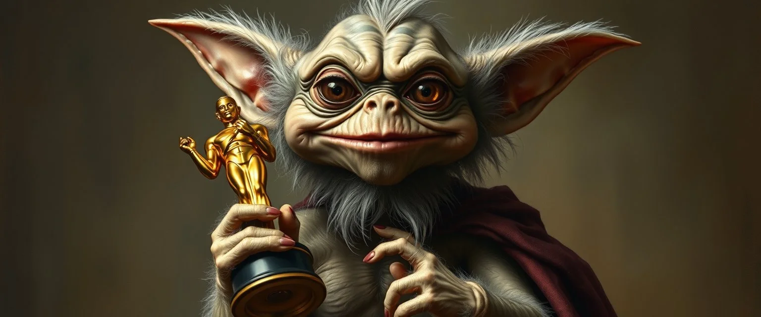 fluffy slimy alien creepy gremlin guy holding up the most retarded Oscar trophy, painted by Rembrandt