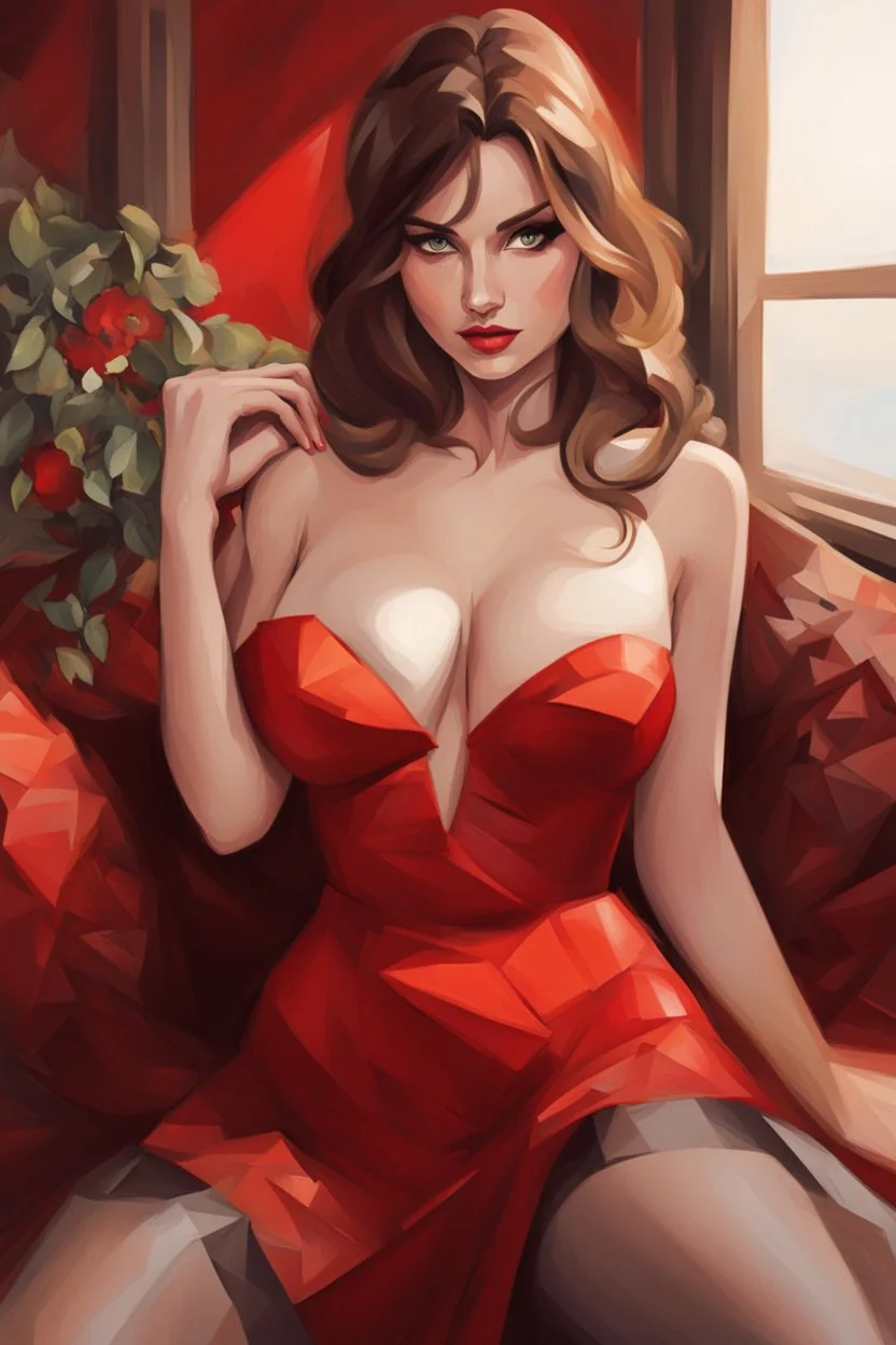 A stunning, seductive woman in a fiery red dress, casting a shy glance over her shoulder. cartoon style, cubism style