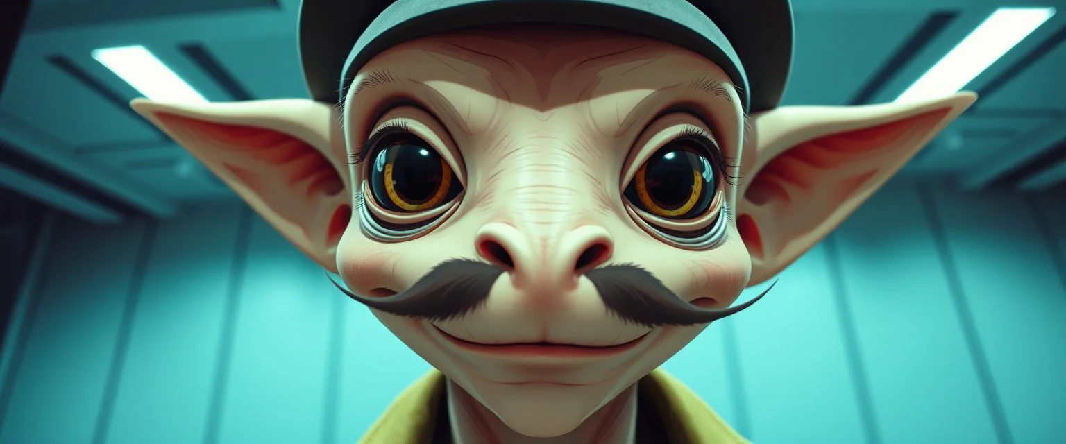 anime, airbrush and pen outline, french art mustache , extreme close up on cheeky fluffy weasel goblin alien military prison guard news anchor elf family scumbag in the style of Escher and Giger and Fallout 4, pinhole cam, airbrush 3d rendering, on tv screen:A five-second cinematic single take in a clean industrial presentation hall.
