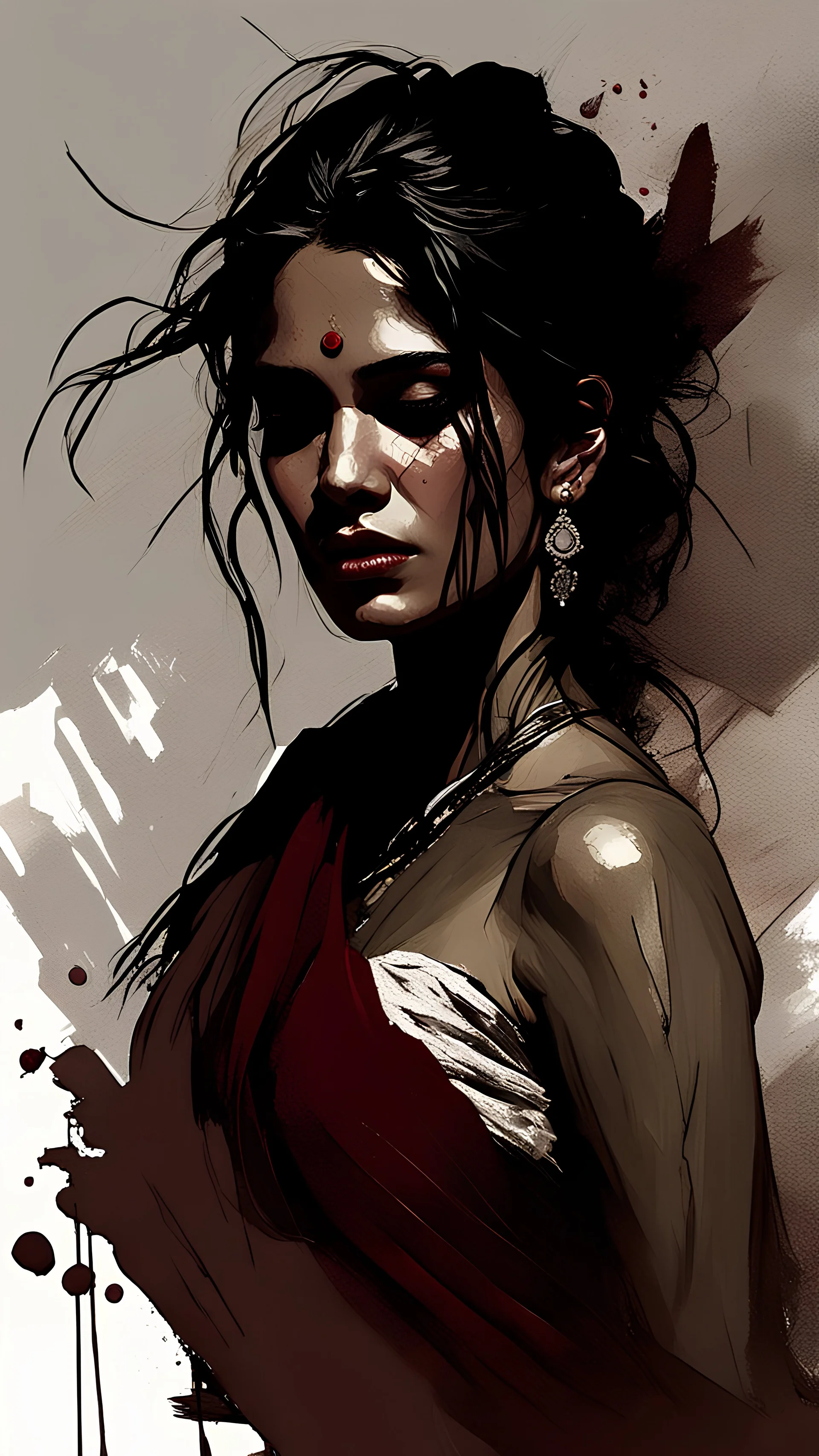 Beautiful young Indian sad crying woman with long black messy hair, hazel eyes and nice maroon lips, in expensive designer ash saree, dynamic pose, oil on canvas, concept art by Greg Rutkowski, WLOP, Wadim Kashin, Alberto Seveso and Russ Mills