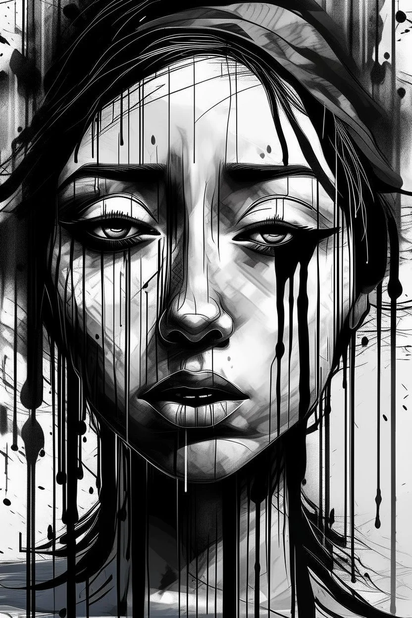 A surreal digital painting of an old woman's face dissolving into abstract black and white brushstrokes and pixelated glitches. Her eyes looking up , and she appears serene, as if lost in a dream or transcending reality. The background is minimalist, emphasizing the contrast between fluid ink-like drips and structured geometric distortions. High-detail, high-resolution, monochrome with soft lighting and dramatic contrast.