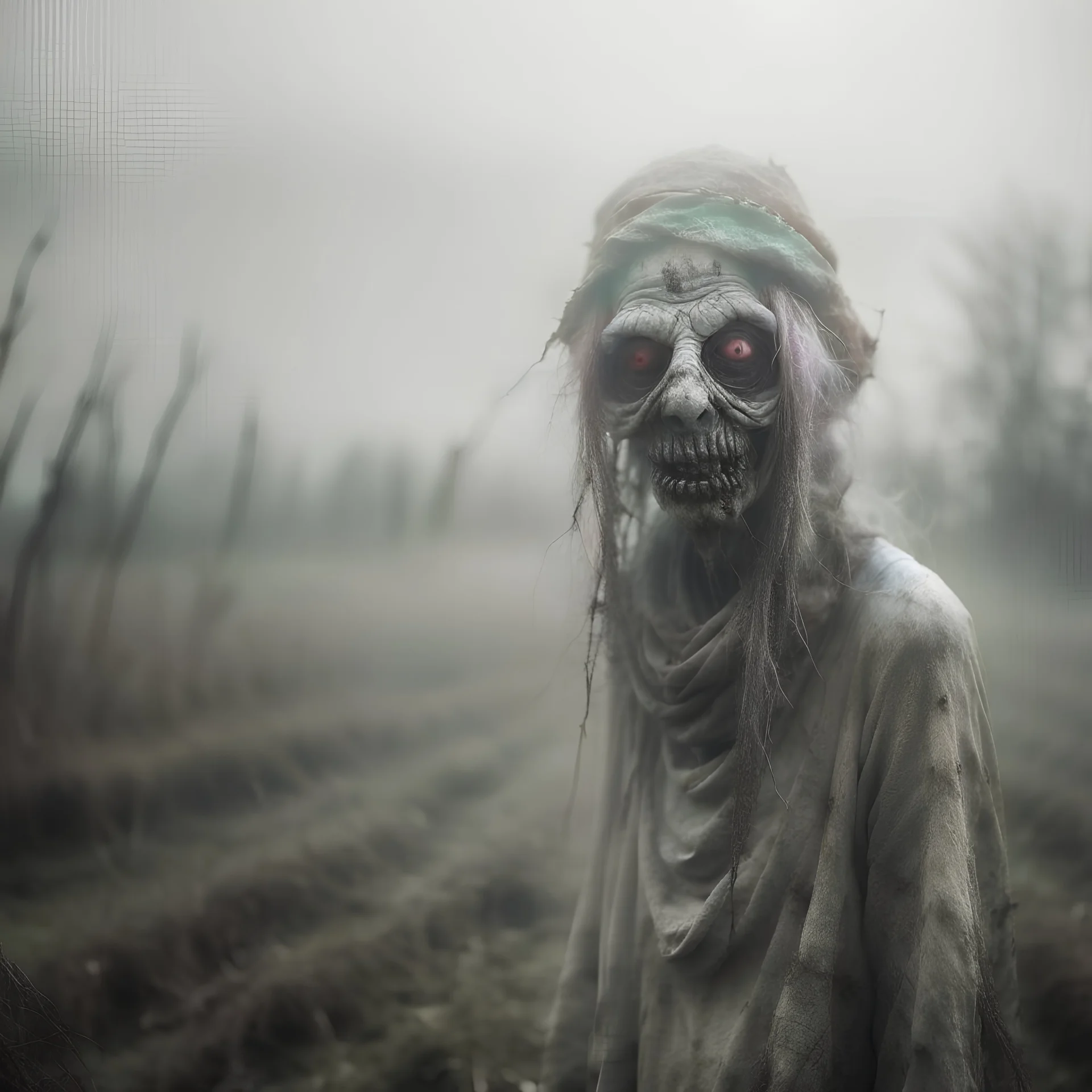 Countryside, morning, foggy. Gritty, raw portrait photo of obscene filthy demons and ghosts with creepy face, eerily mysterious, grainy, intricate patterns, details of the skin extremely accentuated