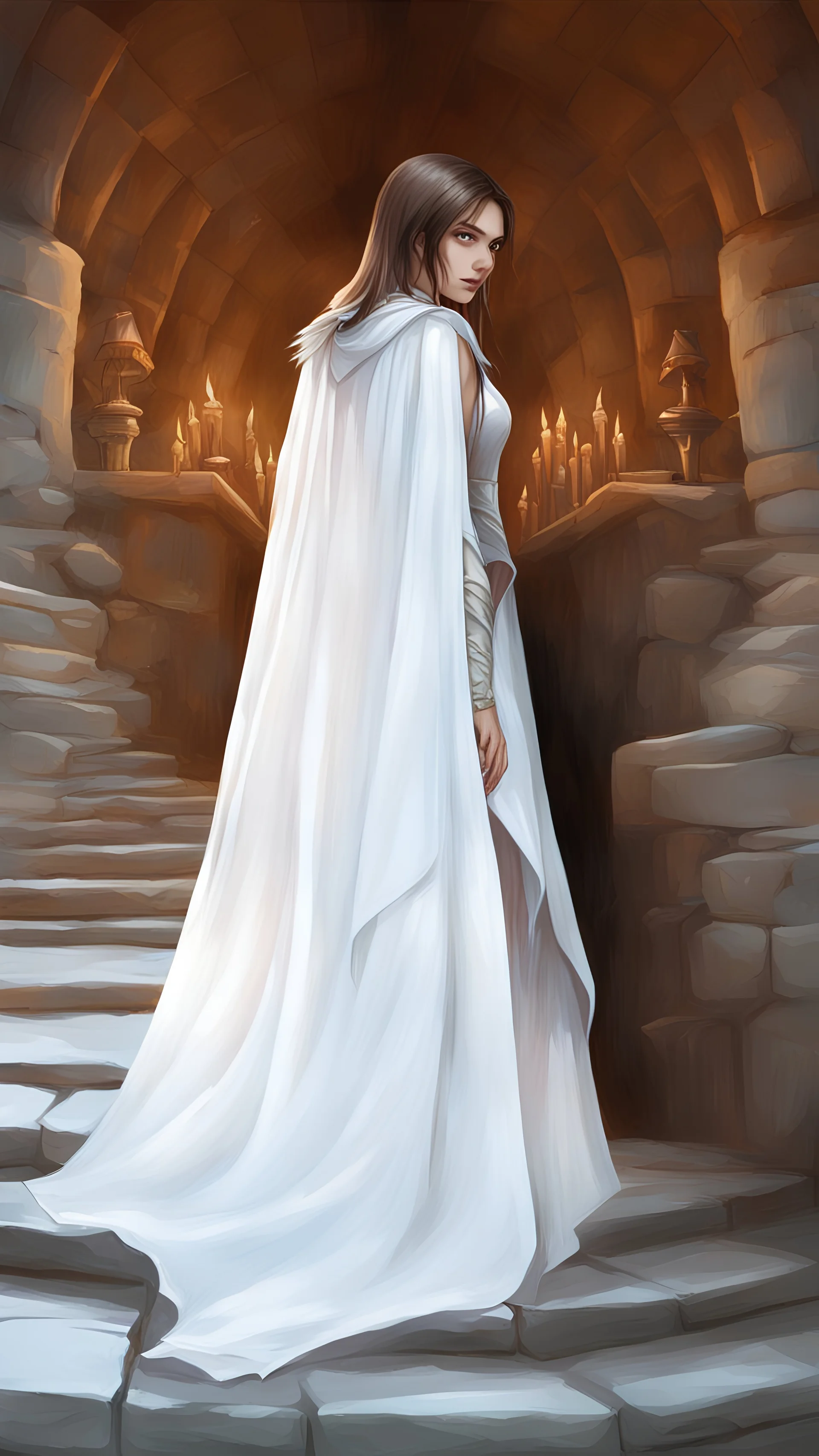 Generate a dungeons and dragons character portrait of a Female Aasimar. Her eyes are silver. Her Hair is white. Her Skin is a hazel complexion with a subtle, golden sheen. She is in camp surrounded by soft moonlight.