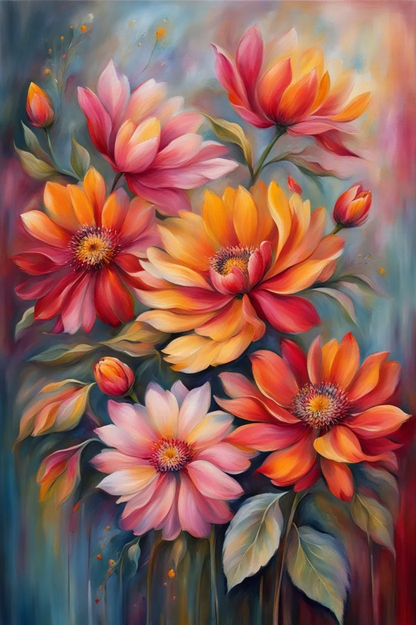 red, orange, yellow, pink flowers , detalied, extremely high textured, etheral stunning botanical theme, with five, very thick layers of paint, blur background