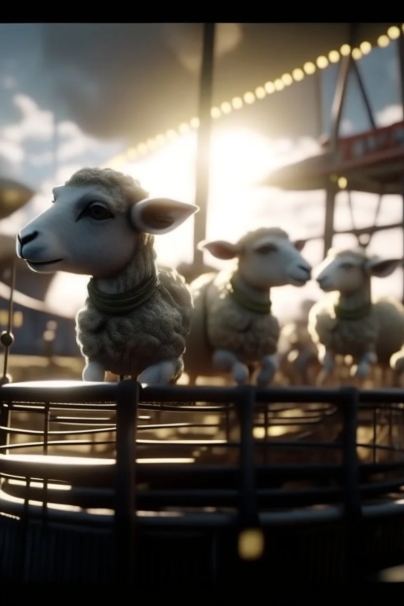 zoom shot on sheep ghosts with sun glasses on a carousel on a factory roof in storm, bokeh like f/0.8, tilt-shift lens 8k, high detail, smooth render, down-light, unreal engine, prize winning, in the style of fallout 4 and gta 4