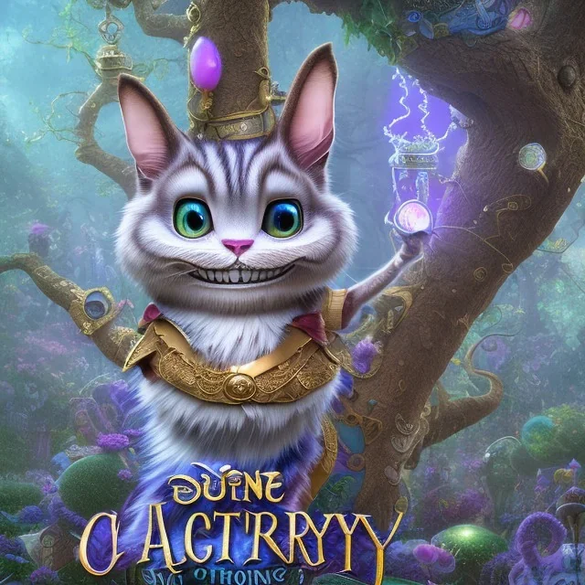 cheshire cat in a tree, leaning on a branch, wide grin, glowing eyes, blue and grey, alice in wonderland, signpost pointing in different directions, film still