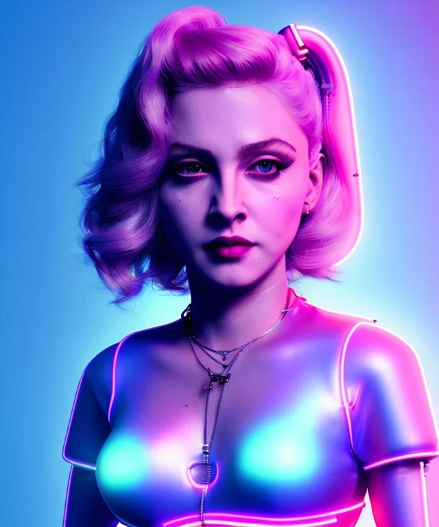 Artist, young madonna, android woman, sweet, blonde, white skin, long eyeliner, contour make-up, color leds lights, short hair, circuits, cyberpunk, latex coat, feather, cyber punk, neon, cables, portrait, studio photo, unreal engine 5, soft color, 16 bit, god lights, ray tracing, RTX, lumen lighting, ultra deatail, volumetric lighting, 3d, finely drawn, hd.