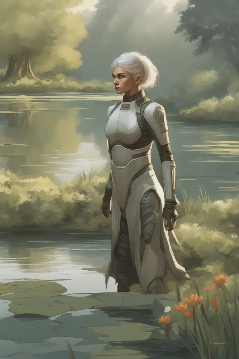 [Asimov's Foundation] A woman in scifi outfit around a pond