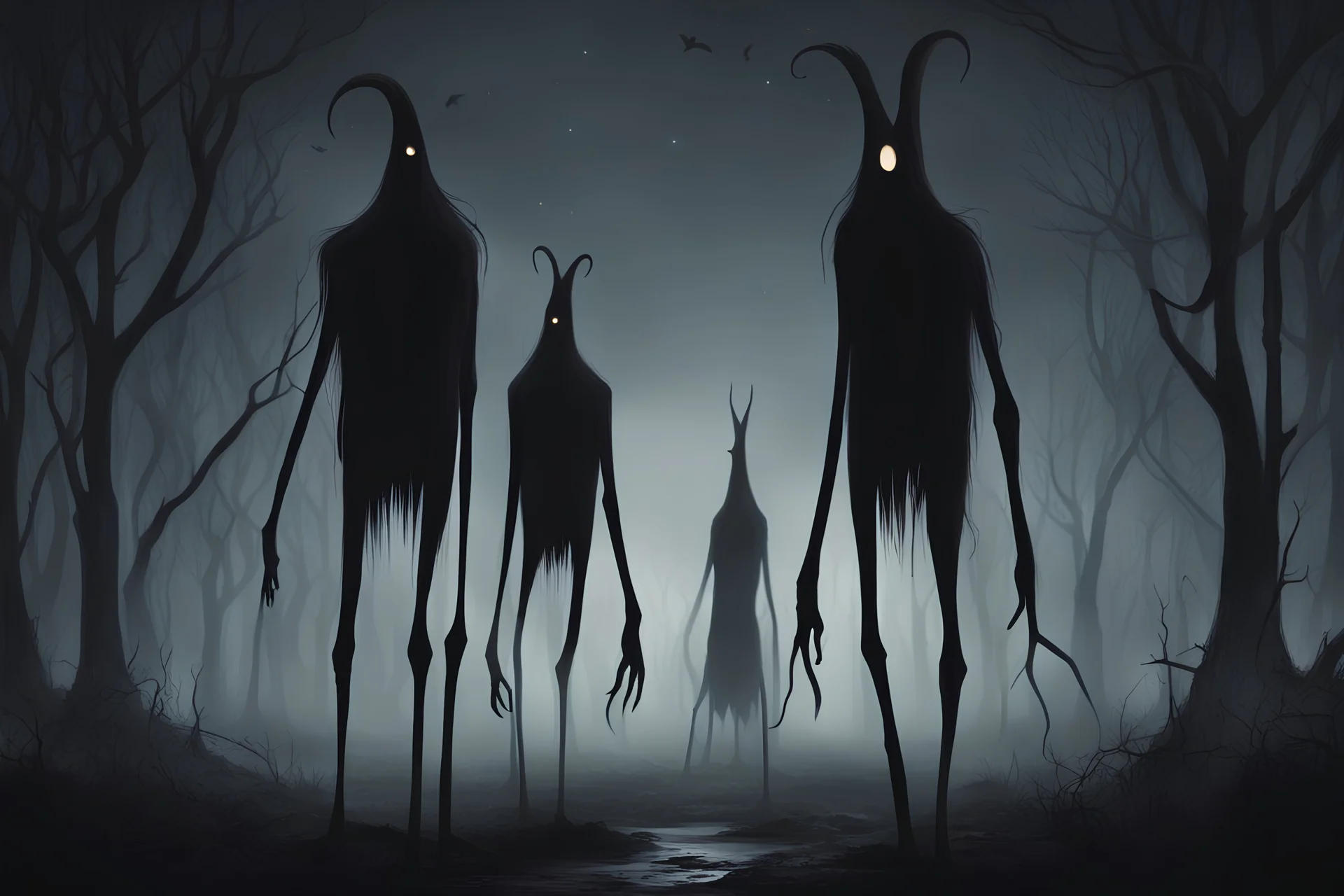 two slender dark black creatures in the night looking at the viewer