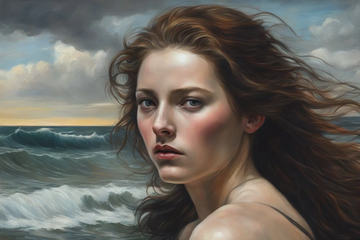 create a classical-abstract-realist sci-fi fantasy portrait painting of a lonely distraught woman with highly defined facial features, walking on the shore of a tempestuous sea in the style of Donato Giancola, Hans Memling, Titian, and Caravaggio, 8k, highly detailed, otherworldly and fantastic