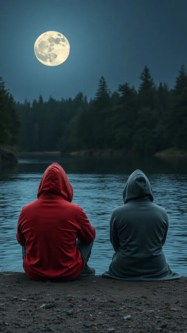a hooded man and hooded woman are sitting by the river bank watching the moon on the sky at the other side of the river , surrounded with trees , cinematic, 8k , high quality, great moon lighting,and stats the whole picture is incredible .