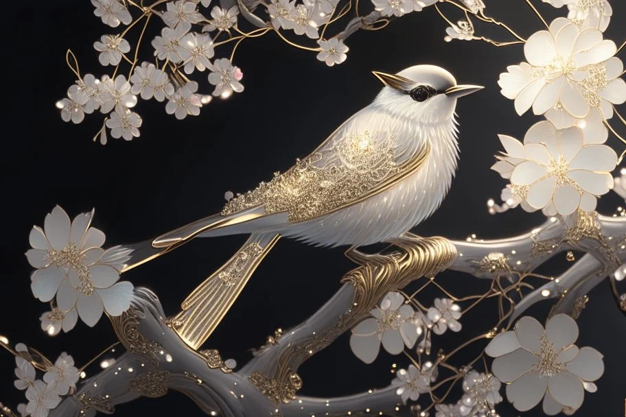 An image of a crystal bird covered in gold etching and diamonds, perched on a branch of cherry blossoms. The scene is illuminated by a soft, ethereal light, enhancing the intricate details and textures of the bird and the surroundings. The art style is detailed, realistic, and captures the magical essence of the scene, trending on ArtStation. The composition combines elements of classical elegance and modern fantasy, reminiscent of the masterful works elegant fantasy intricate high