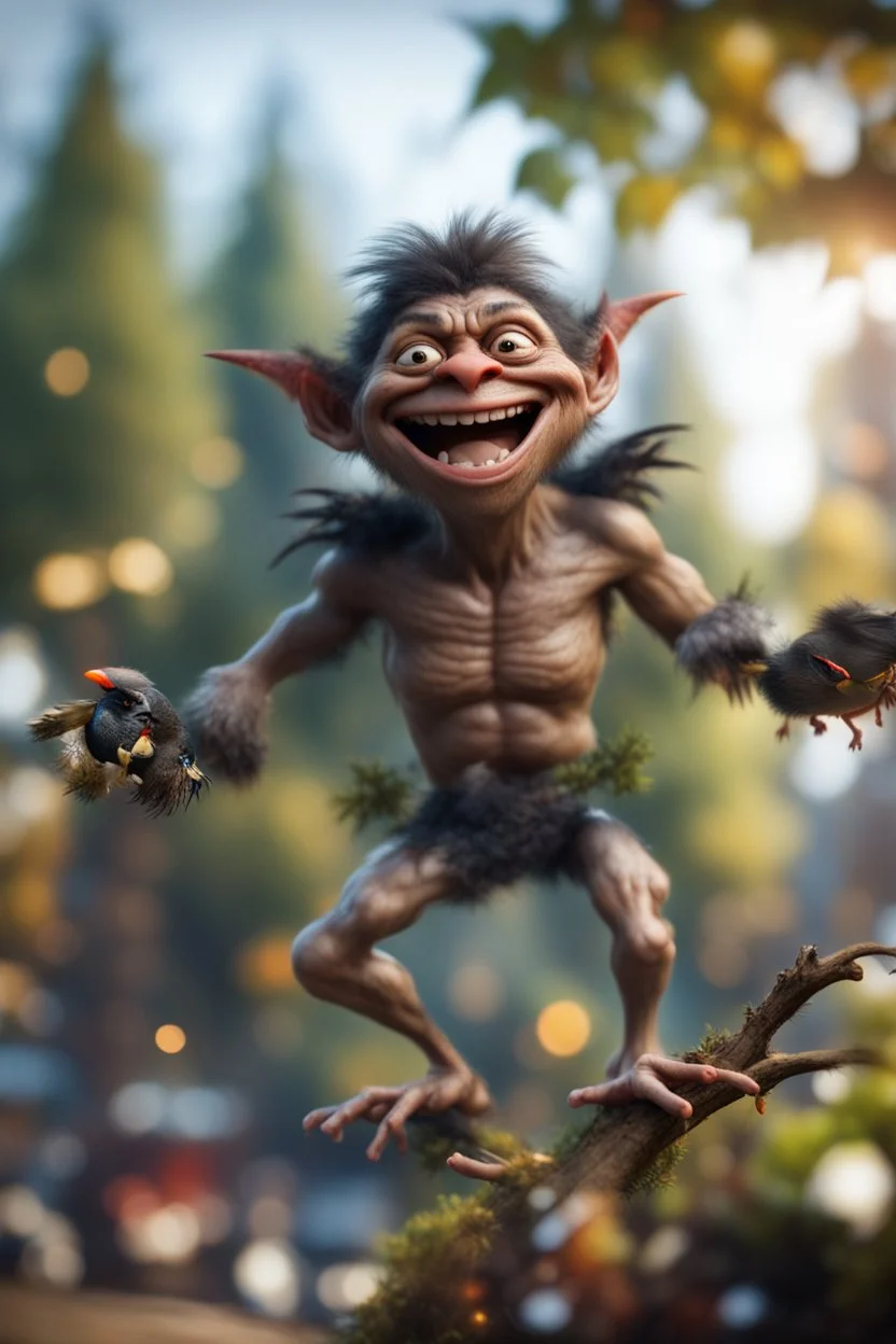 twig troll gremlin moron holding crow dropping garbage from tree tops laughing,bokeh like f/0.8, tilt-shift lens 8k, high detail, smooth render, down-light, unreal engine, prize winning