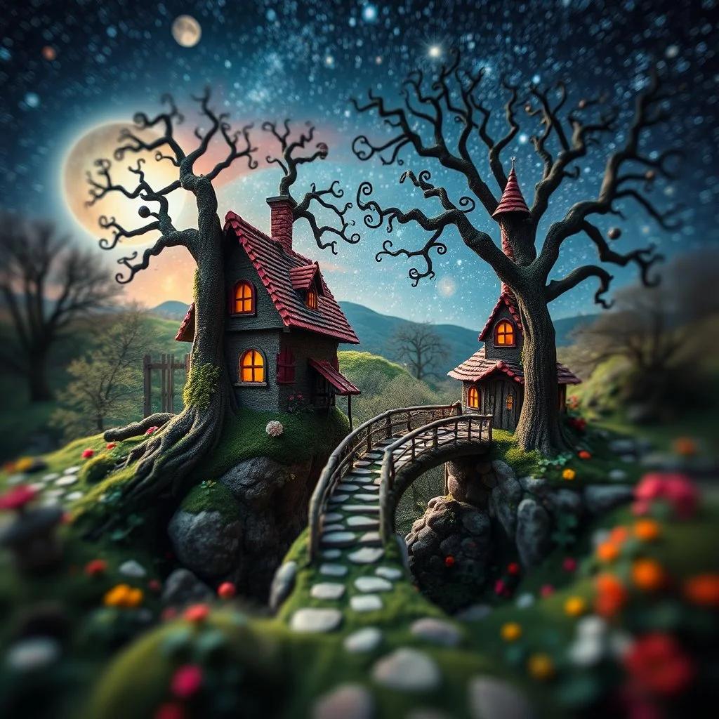 Photograph hasselblad h6d400c --ar 85:128 --v 6.0 of a fairy old bridge, tree, old bewitched house, made of felt, art, 3d deep field, light tiltshift, Joan Miró, wide angle landscape scene, galaxies, creepy, needlepoint, abstract silhoutte, expressionist style, colorful holiday