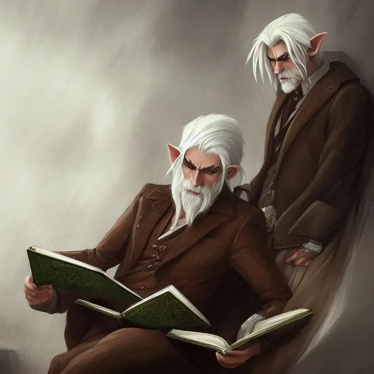 portrait of calm old elf with white hair in brown suit reading a legendary book, fantasy character, somber, gloomy lighting, epic perspective, trending on artstation