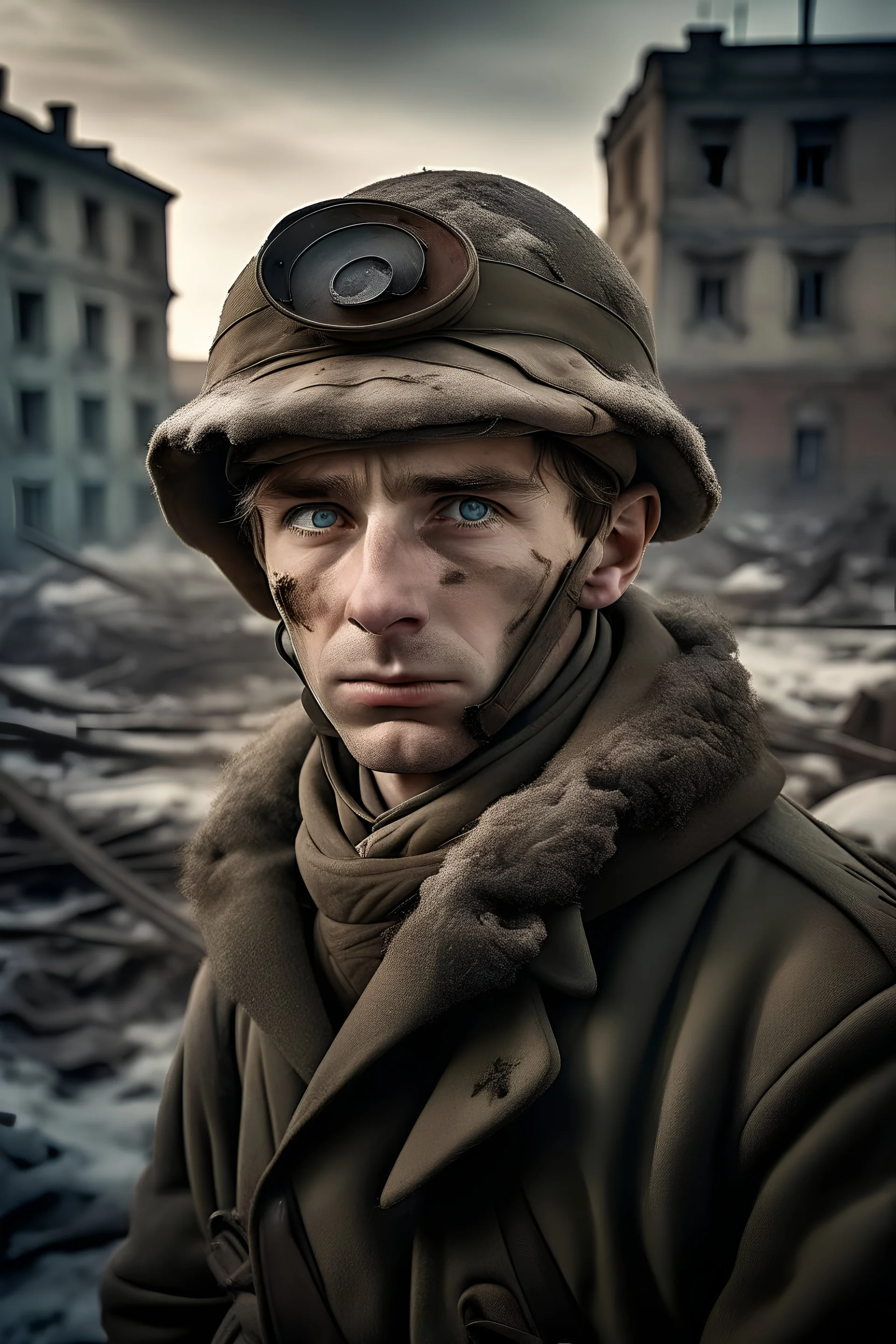 una imagen realista de un soldado ruso de la segunda guerra mundial con ushanka en stalingrado mirando a la càmara, rodeado de la ciudad en ruinas
