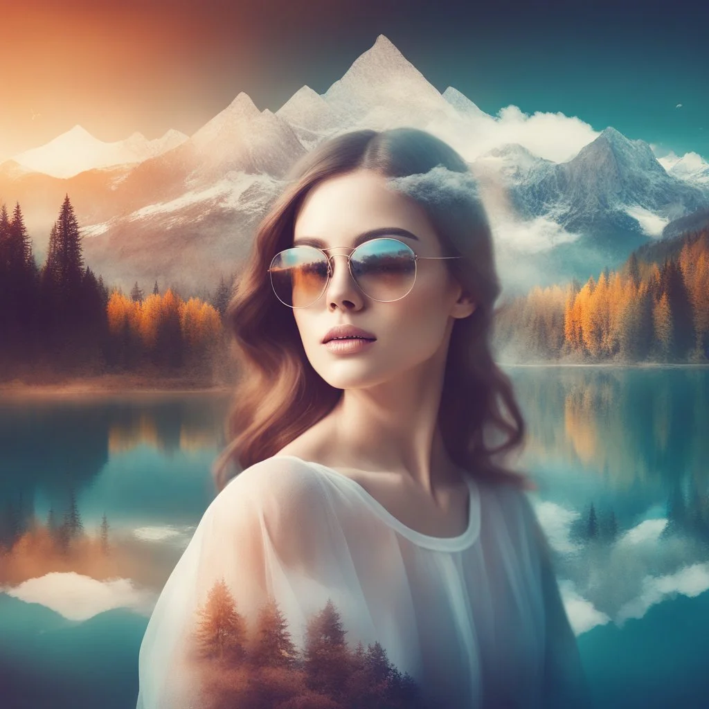 Double exposure beautiful fantasy portrait, woman and landscape, ultra quality