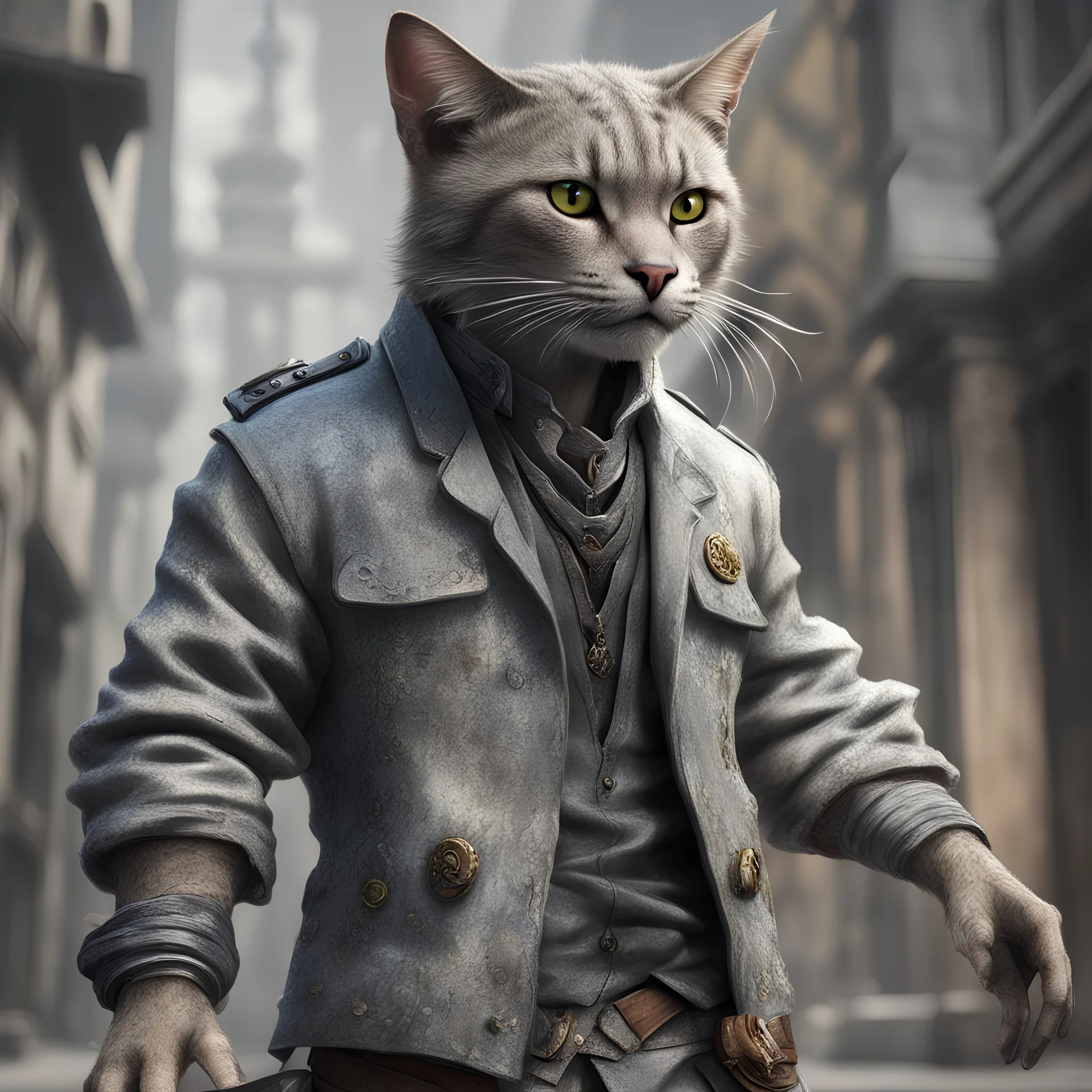 Tabaxi wearing a acid-washed jacket, colors are shades of grey, best quality, masterpiece