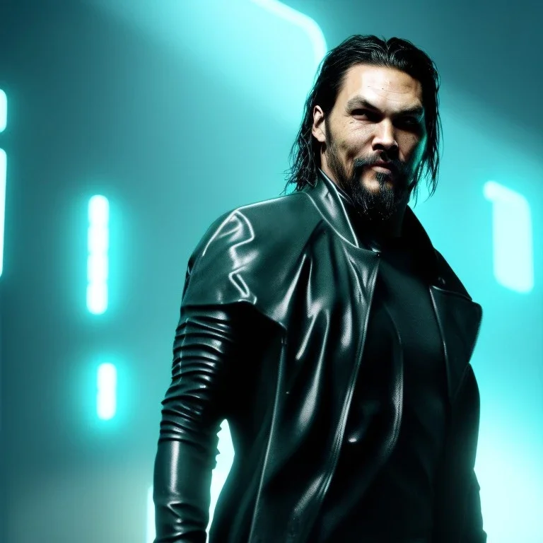 Actor, jason momoa, blade runner style, rain, fog, neon ambient, gradient color, clean skin, circuits, latex coat, cyber punk, neon, tubes, portrait, photo studio, unreal engine 5, smooth color, 16 bit, god lights, ray tracing, RTX, lumen lighting, ultra deatail, volumetric lighting, 3d, finely drawn, hd.