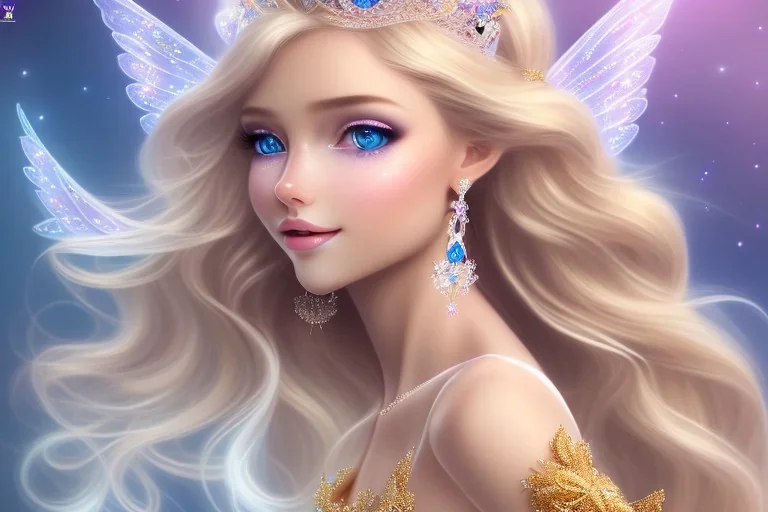 smiling, beautiful, soft,smiling, straight and long blonde hair, dewy and shiny atmosphere, diamond crown, long fairy wings in the back, full head, curly hair, golden veil clothes, bacground pink and blue