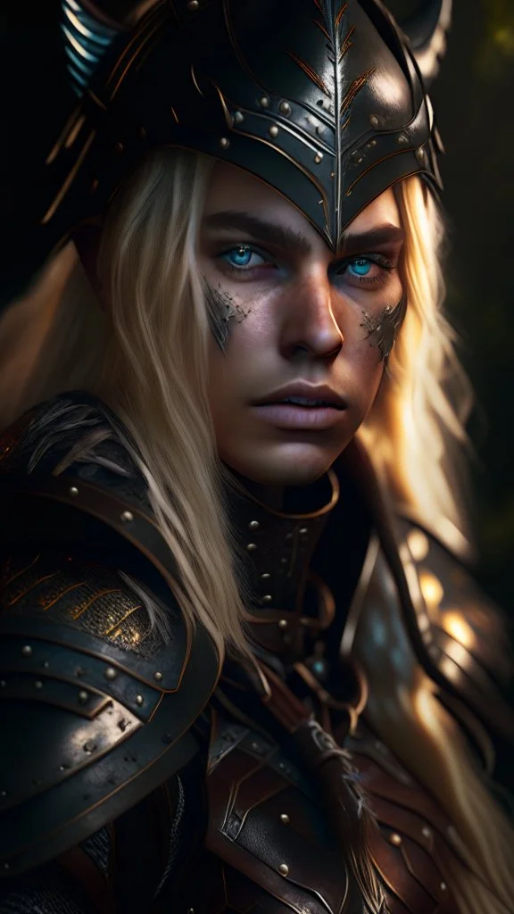 blonde female hunter wearing leather half armour dark fantasy Realistic 4k