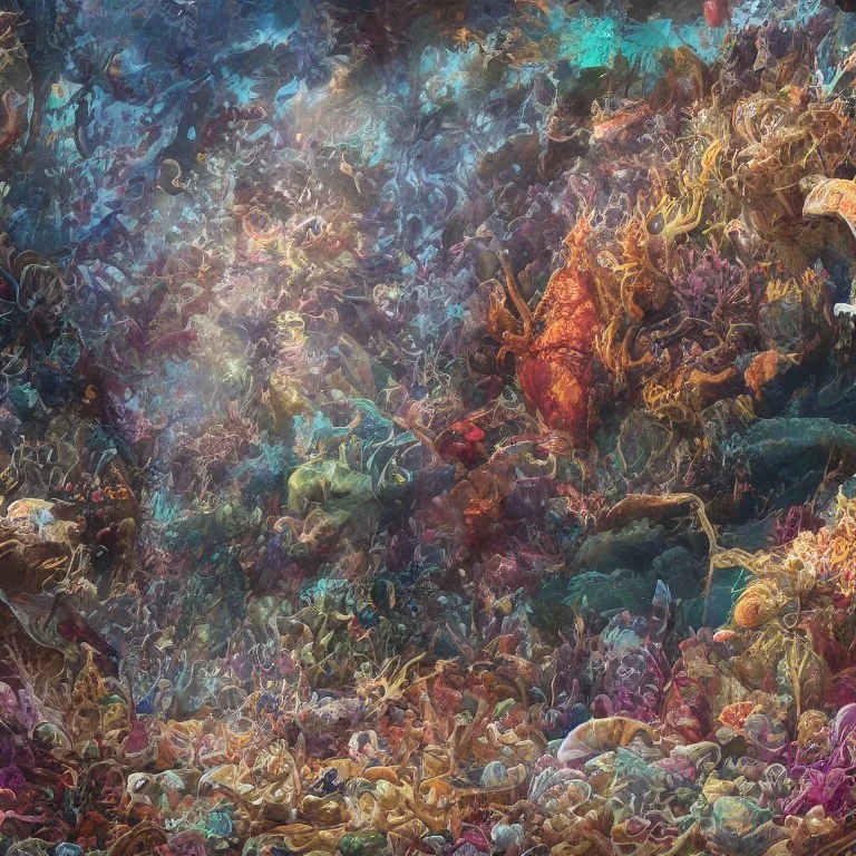 underwater ocean scene, bizarre sea creatures, beams of light streaming through, background of colorful reefs, a highly detailed illustration, realistic render, 8 k, micro detail, intricate, elegant, centered, digital painting, smooth, sharp focus, illustration, artgerm, tomasz alen kopera, peter mohrbacher, donato giancola, joseph christian leyendecker, wlop, boris vallejo