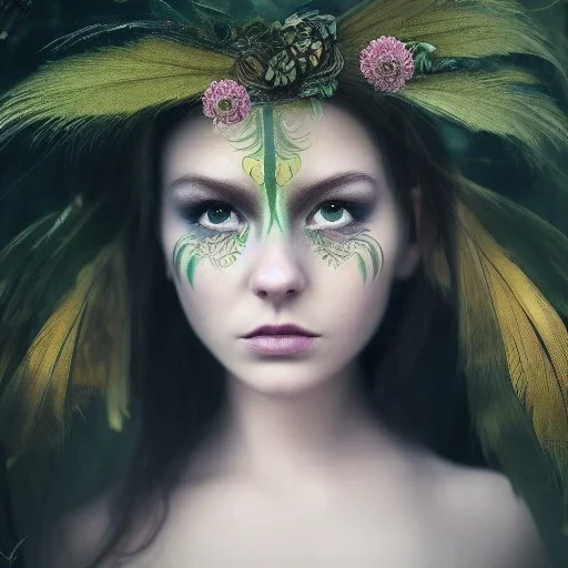 Portrait of beautiful girl, plant, metal, feathers, Dryad, fae, sidhe, ominous, nature, plants, wildflower, facepaint, dnd character portrait, intricate, oil on canvas, masterpiece, expert, insanely detailed, 4k resolution, retroanime style, cute big circular reflective eyes, cinematic smooth, intricate detail , soft smooth lighting, soft pastel colors, painted Renaissance style, 800mm lens