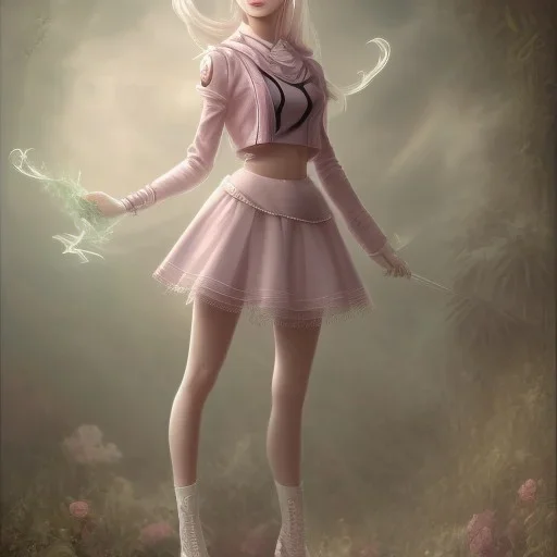 A very cute girl full body,wearing a skirt,with blonde hair with a fade of light pink