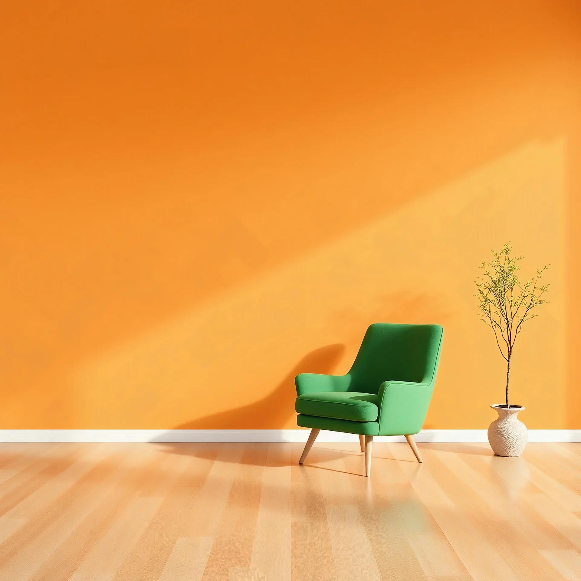 Home interior with green armchair and sofa on empty orange wall background,Minimal room- 3D rendering