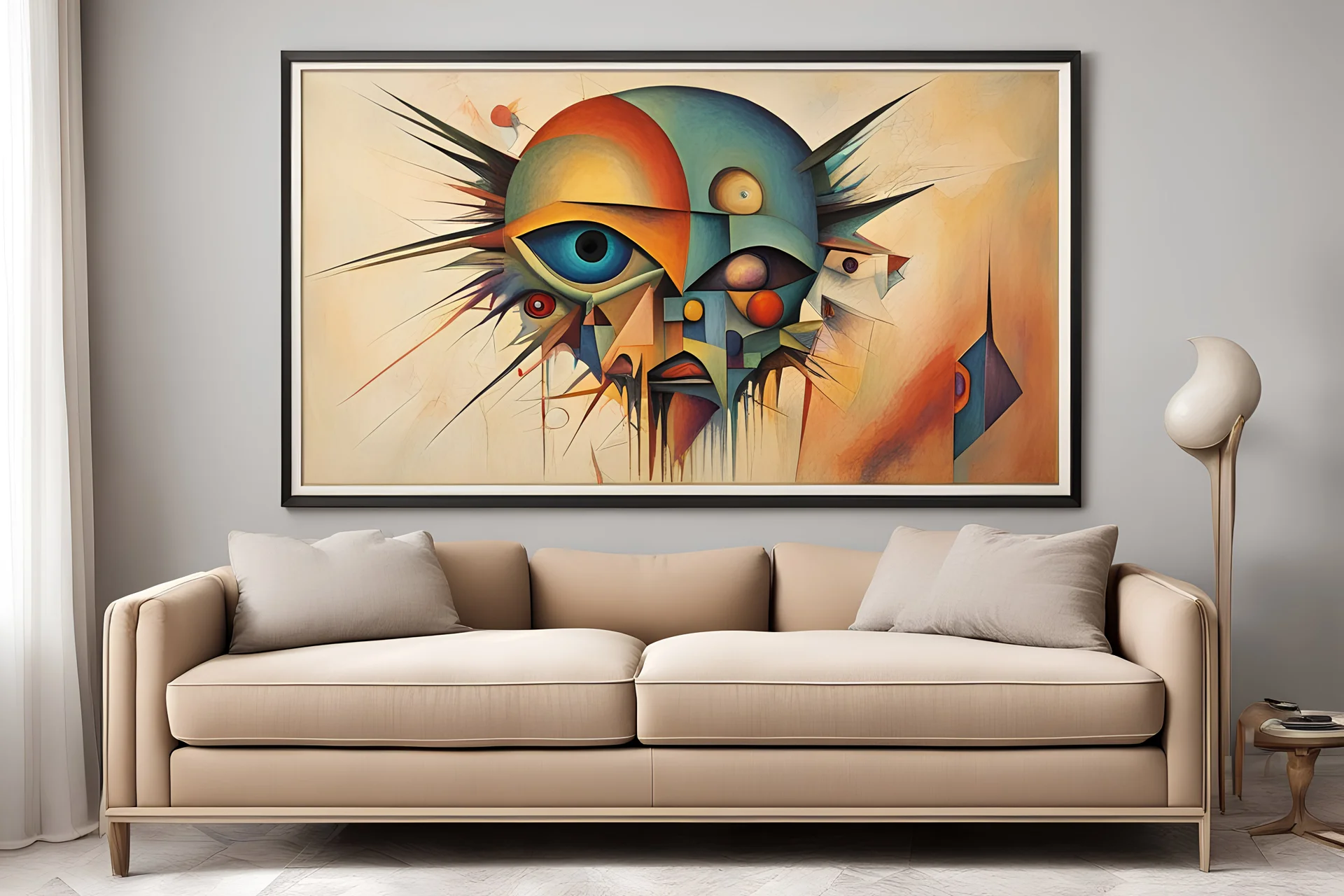 Style by Wassily Kandinsky and Wilfredo Lam and Zdzislaw Beksinski, a framed picture of a colorful bizarro textured abstract horror surrealism hanging on white wall in muted spartan functional clean living room, masterpiece, boring beige couch, harsh juxtaposition between picture and room, smooth,