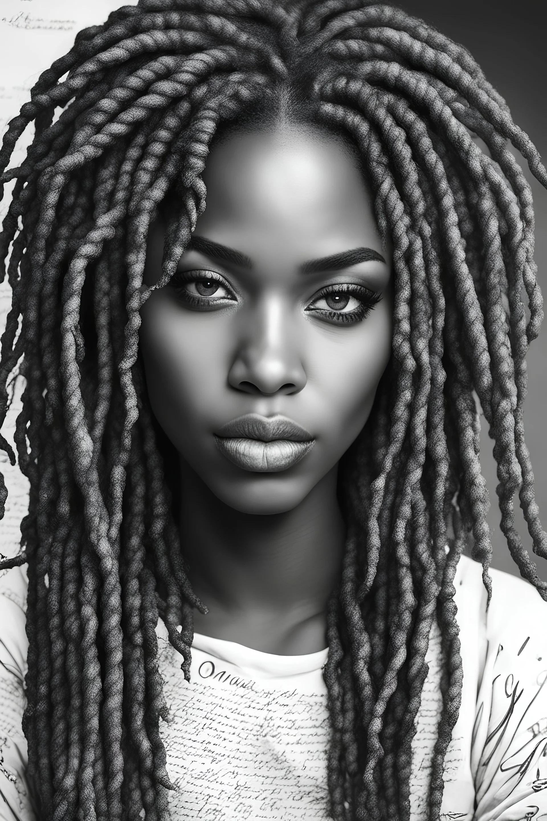 create stippling art style Imagine of a gorgeous black female writing in a journal. Prominent make up with hazel eyes. Highly detailed black and white ombre dread locs.