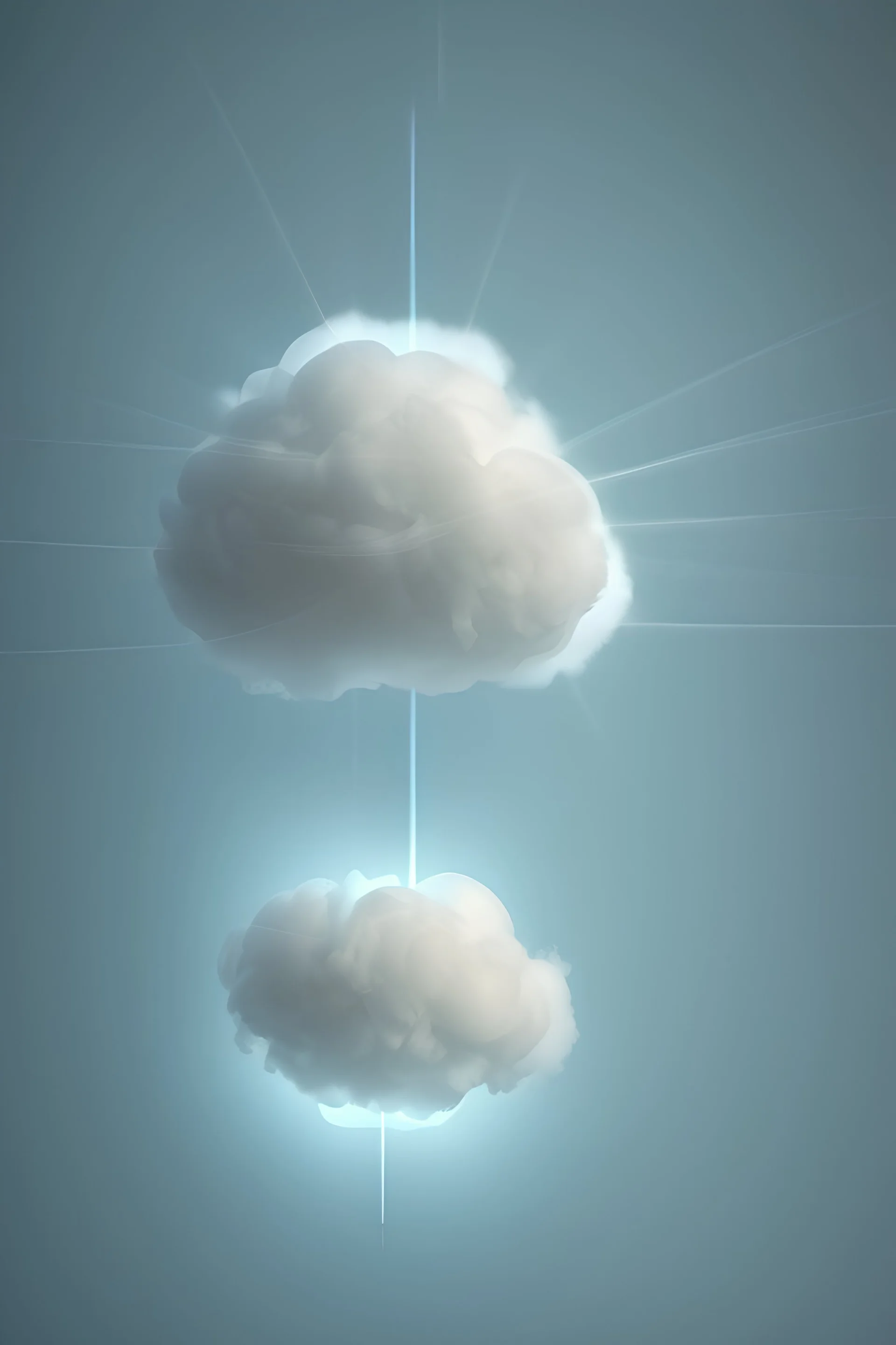 a photo of a single very small puffy cloud with a glowing realistic white orange lighting bolt coming from the bottom of the cloud striking angled; multiple tendrils; on a clean background of blue grays; very moody; studio lighting; colorfully