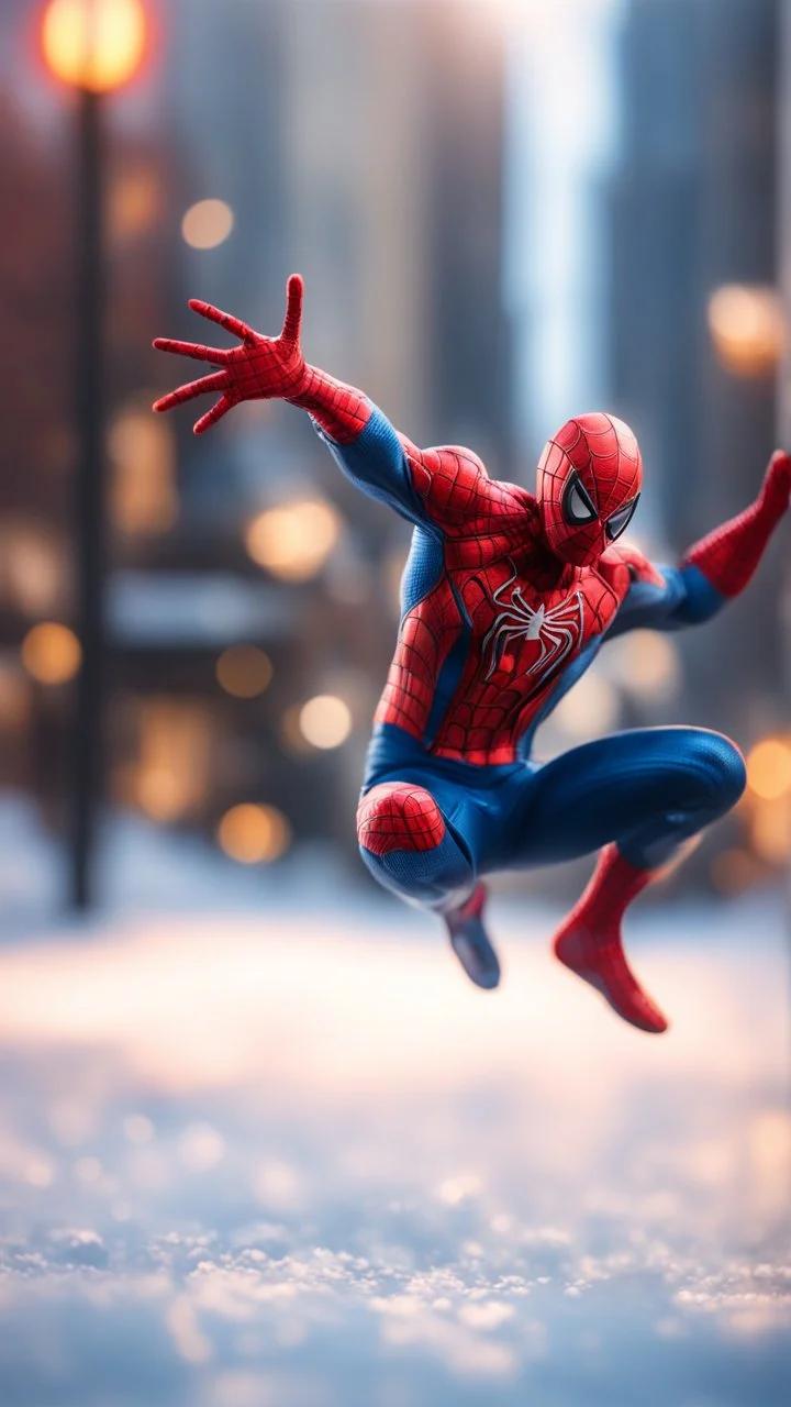 spider man jumping doing winter freestyle trick, bokeh like f/0.8, tilt-shift lens 8k, high detail, smooth render, down-light, unreal engine, prize winning