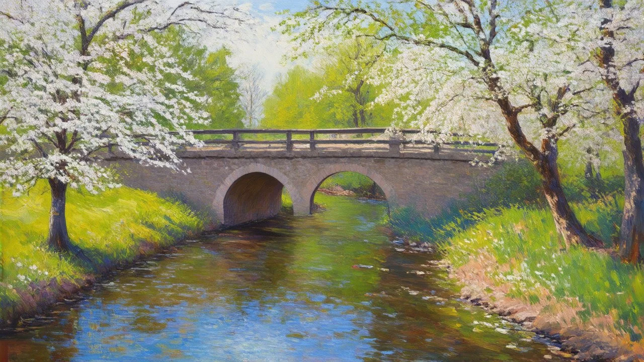 Impressionist painting of a two-arched stone bridge over a quiet stream in spring, with tall trees and white foliage in bloom.