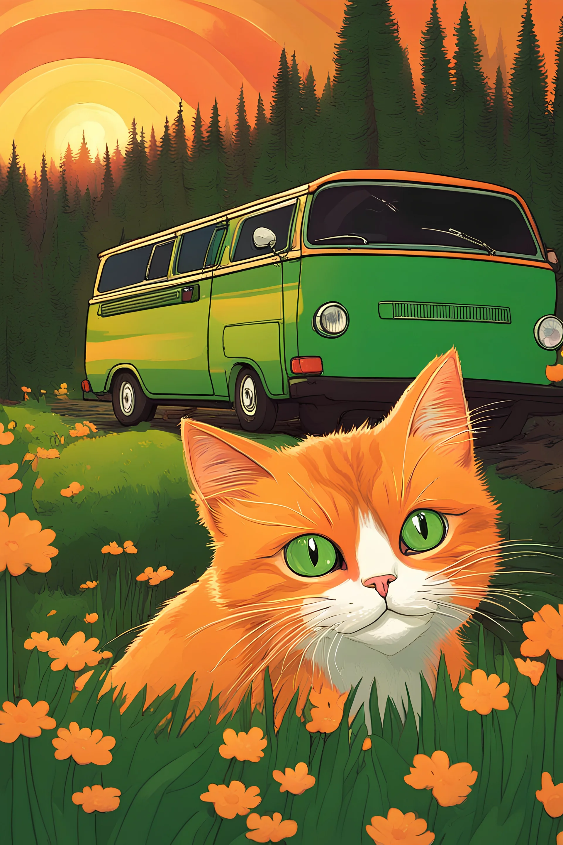 an orange cat driving a green van, huge rainbow background, inmerse in the forest, tall pines by side, sunset, big green eyes,