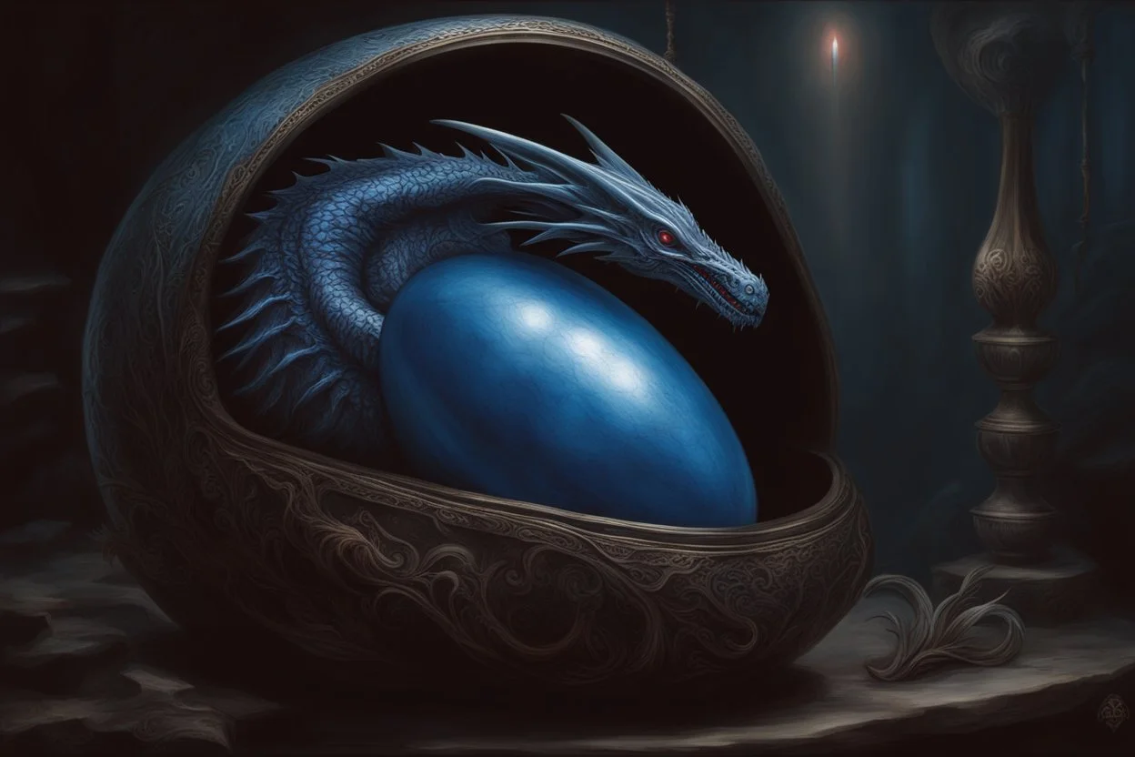 a blue dragonegg full of red lightning. h. r. giger. dark horror setting. painted by Anne Stokes