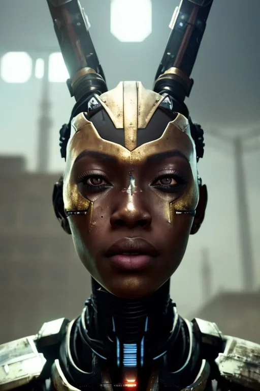 portrait,beautiful african robot, post-apocalyptic in a cyberpunk city, realistic, intriacte detail, sci-fi fantasy style, volumetric lighting, particales,highly detailed,cinamatic, deep