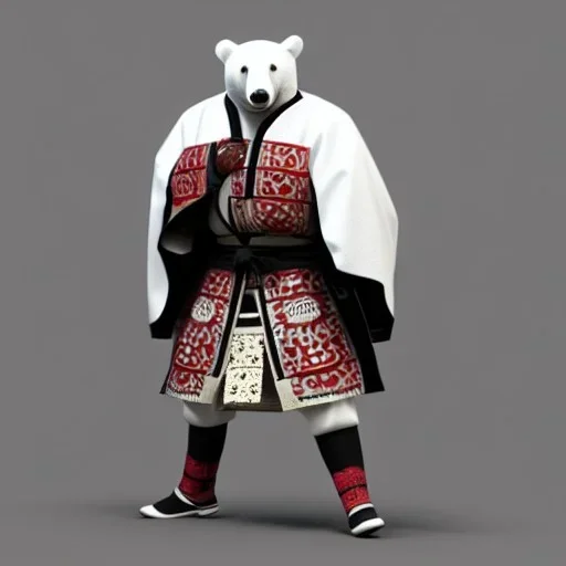 Un ours blanc,habillé comme un samurai, réaliste, très détaillé, représentation 3d, un maximum de détail