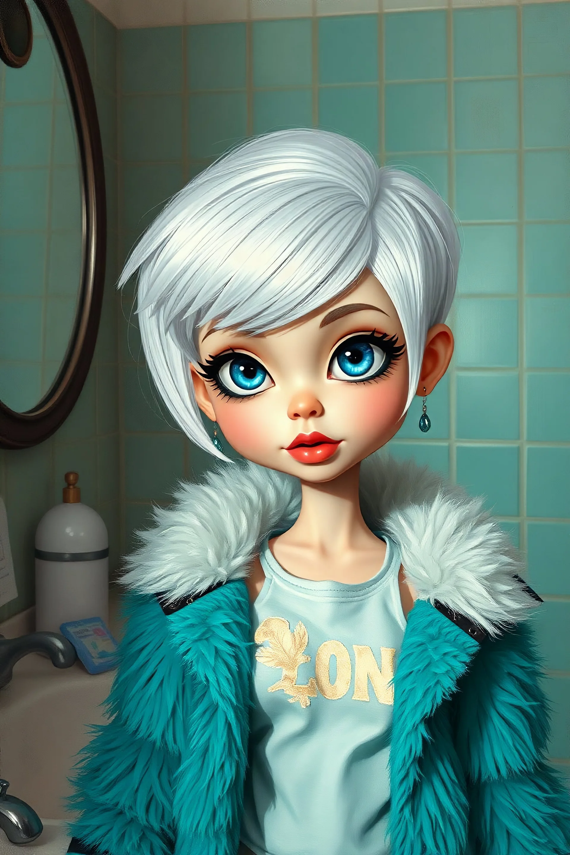 photorealistic impasto impressionist digital oil painting of a vintage styled cartoonish high Brats doll, white hair, fur turquoise coat and torn t-shirt, , ethereal, in the bathroom,she has short hair like audrey hepburn