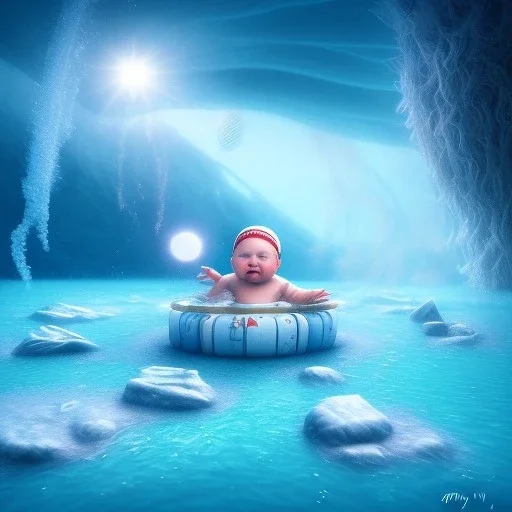 baby swimming in the artic, fantasy art