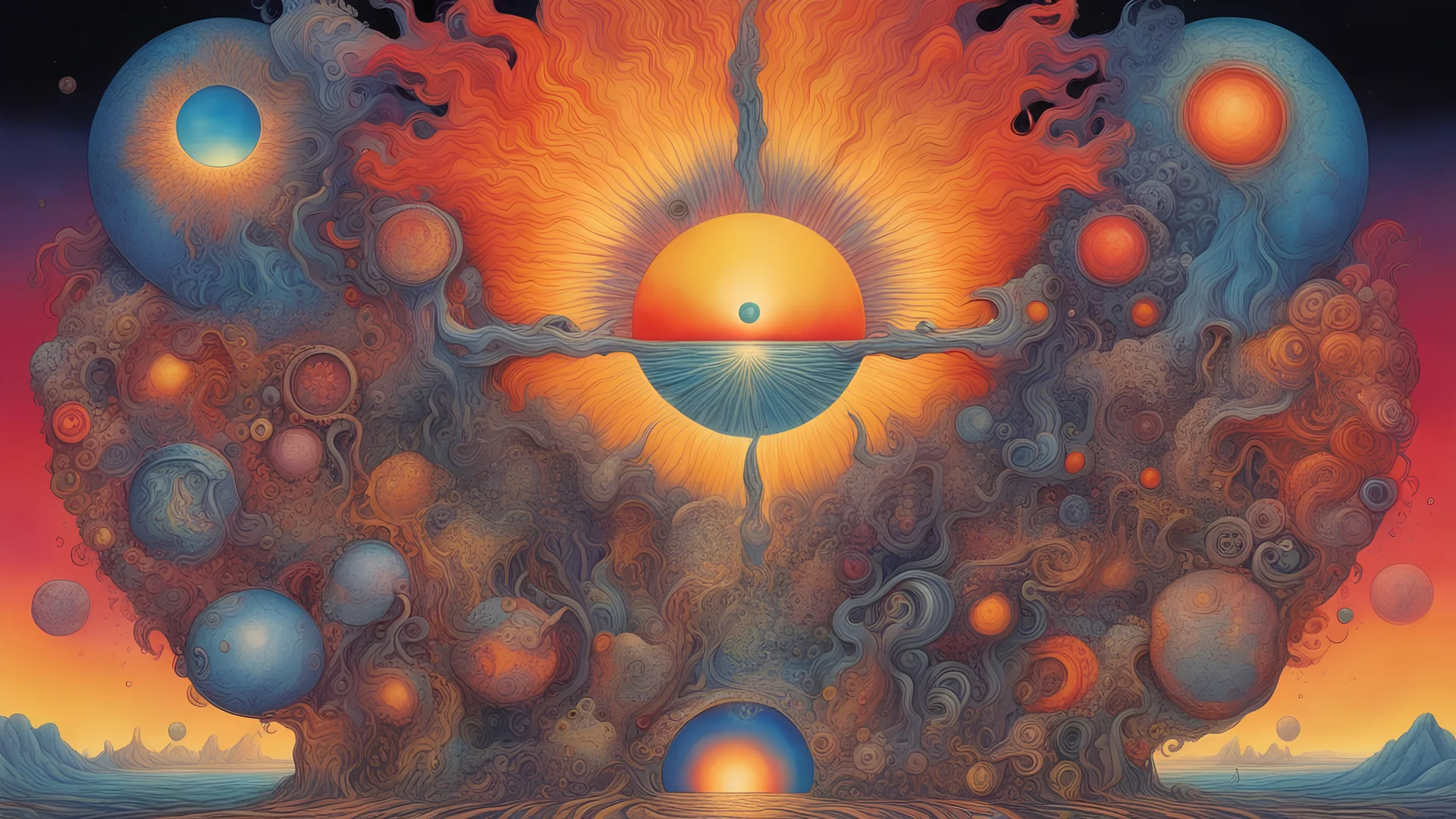 Set The Controls For The Heart Of The Sun || psychedelic, in the styles of Otto Rapp and Gerald Scarfe and Hipgnosis, intricately detailed, expansive, maximalist, mixed media, modern colors, epic, stunning, beautiful, magic realism, highest resolution