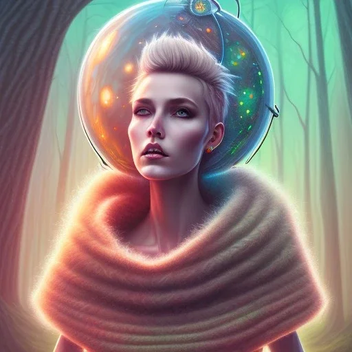 spray painting fantasy art, portrait blonde punk, in mummy sweater, standing in portal to forest world from desert world,poetry book illustration