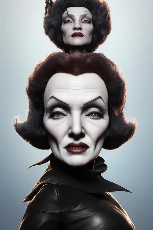 Marlene Dietrich as evil queen in black leather, leather, busty, cleavage, angry, stern look. character design by cory loftis, fenghua zhong, ryohei hase, ismail inceoglu and ruan jia. unreal engine 5, artistic lighting, highly detailed, photorealistic, fantasy