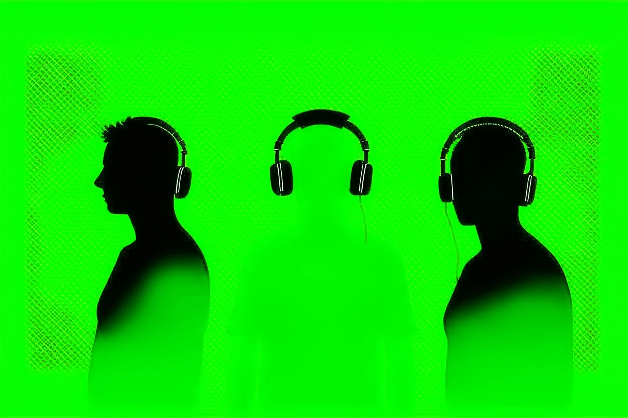 Silhouette of three men people wearing headphones, green background