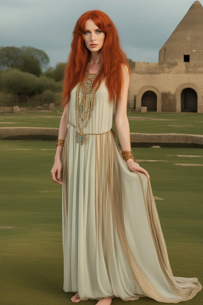 full body and headshot of a skinny Cleopatra, with long straight red hair, in a floaty dress, standing on a village green