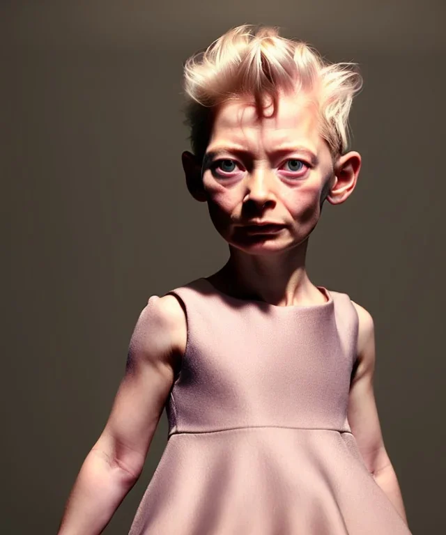 Tilda swinton toddler, full body, shoe, dress, soft skin, dramatic lighting, hyper realistic