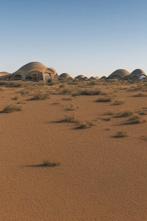 alien buildings, in the desert, surrounded by acacia trees, dunes, pathways, lake, roads, mountains, blue sky