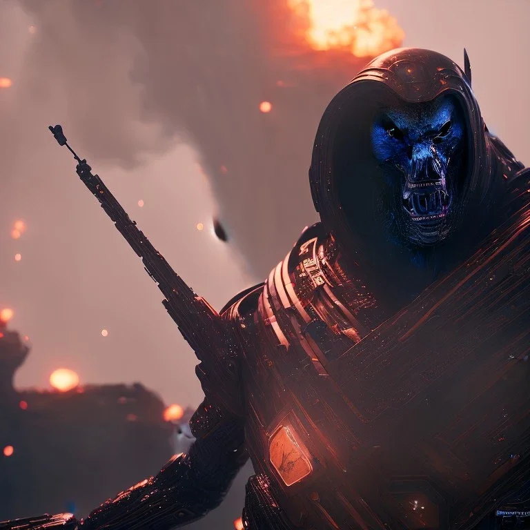 Full Scale Epic Character design, strong Male galaxy void soldier wearing metal armor, mist, photorealistic, octane render, unreal engine 5 style, ultra detailed, volumetric lighting, Dark Alien planet, Alien with helmet with a logo of the resistance