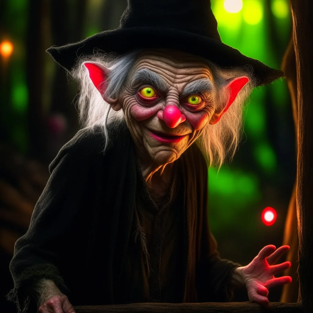 portrait of witch goblin, wild goblin birthday party on dead forest bridge background , motion blur, 8k, downlight, soft light, depth of field, photorealism, trending on art station, lotsa detail